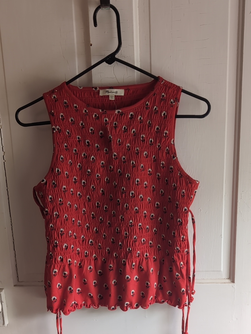 Madewell Coral Red Floral Smocked Tank with Side Ties